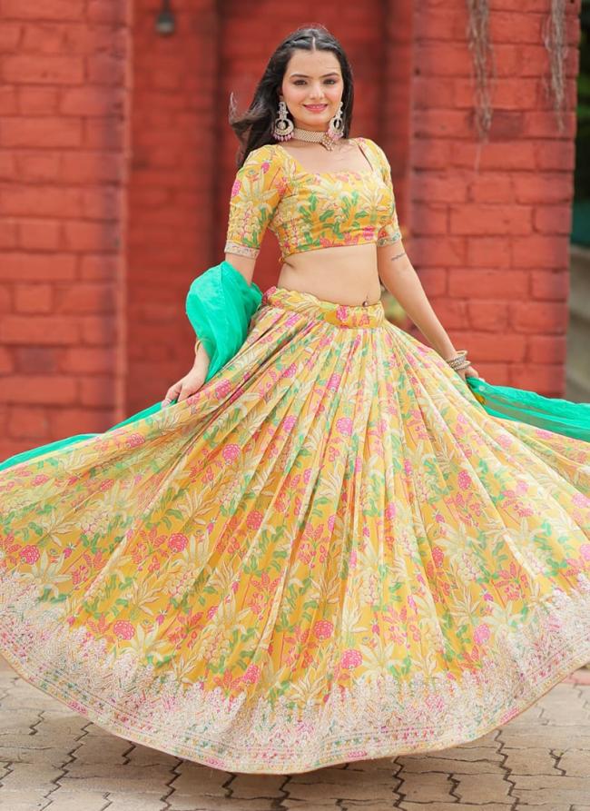 Viscose Tebbi Organza  Yellow Festival Wear Embroidery Work Lehenga Choli